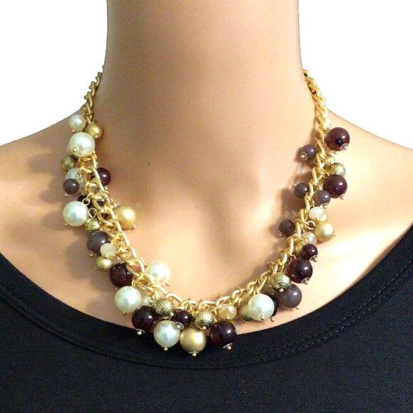Statement Necklace Beaded Chain Gold Tone White Brown New - Picture 3 of 4